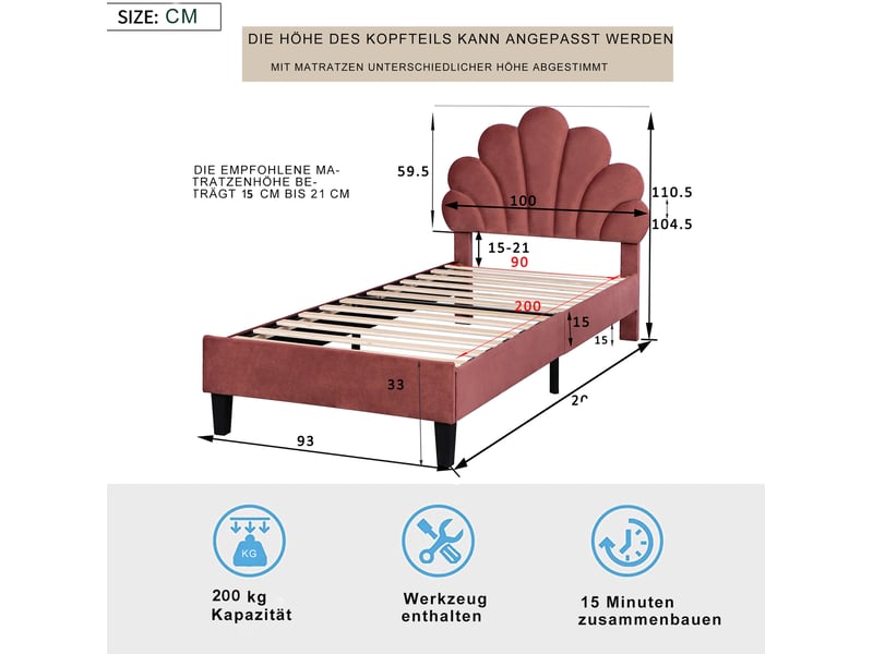  Modenvie lit enfant capitonné 90x200 cm - tête de lit fleur en velours, sommier inclus, sans matelas - rouge  - Conforama C