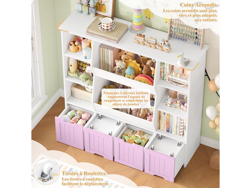 Meuble rangement enfant bibliothèque enfant, tiroir roulant rose - Conforama D