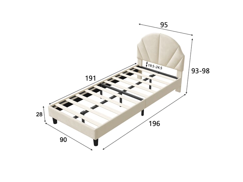  Lit simple 90x190 cm, lit enfant avec tête de lit coquillage réglable, lit capitonné en velours avec sommier, beige  - Conforama E