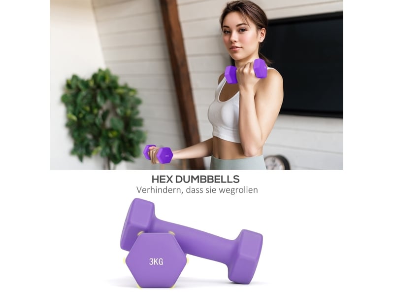 Set de 6 haltères de 1 à 3 kg rose et bleu, noyau en métal, support transformable d'entraînement - Conforama E