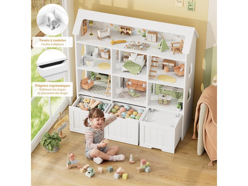  Meuble rangement enfant, en forme maison, 120x30x117.5cm, blanc  - Conforama D