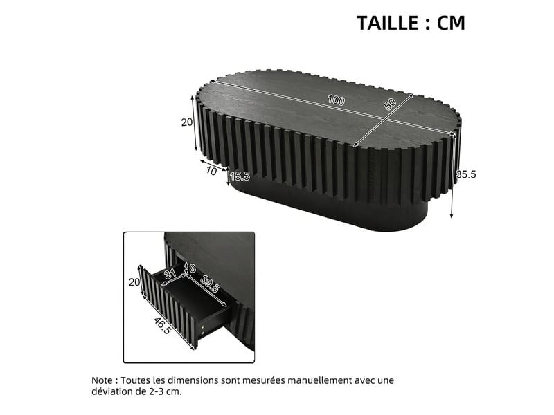  Table basse ovale noire avec tiroir 100x50 cm - lattes verticales mdf  - Conforama C