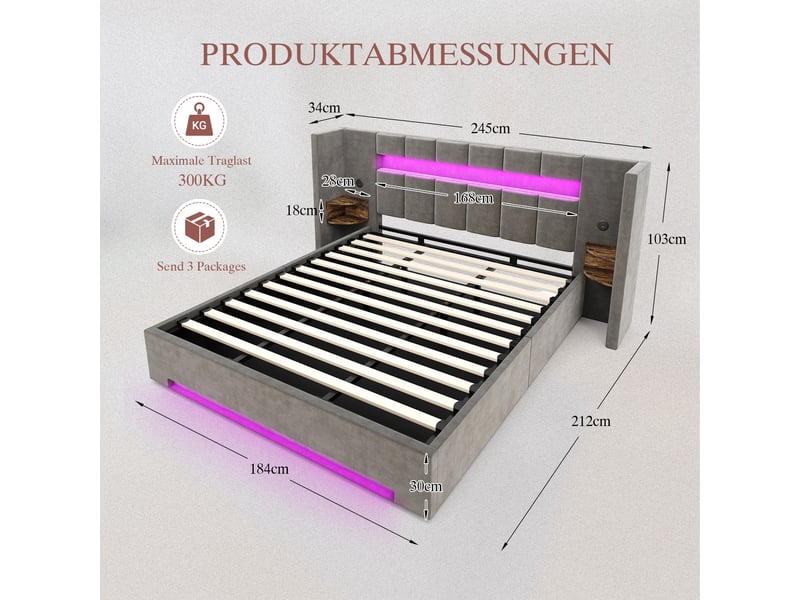  Lit coffre 180x200 cm, lit double, rangement hydraulique, armoire, led, port usb, velours gris foncé  - Conforama C