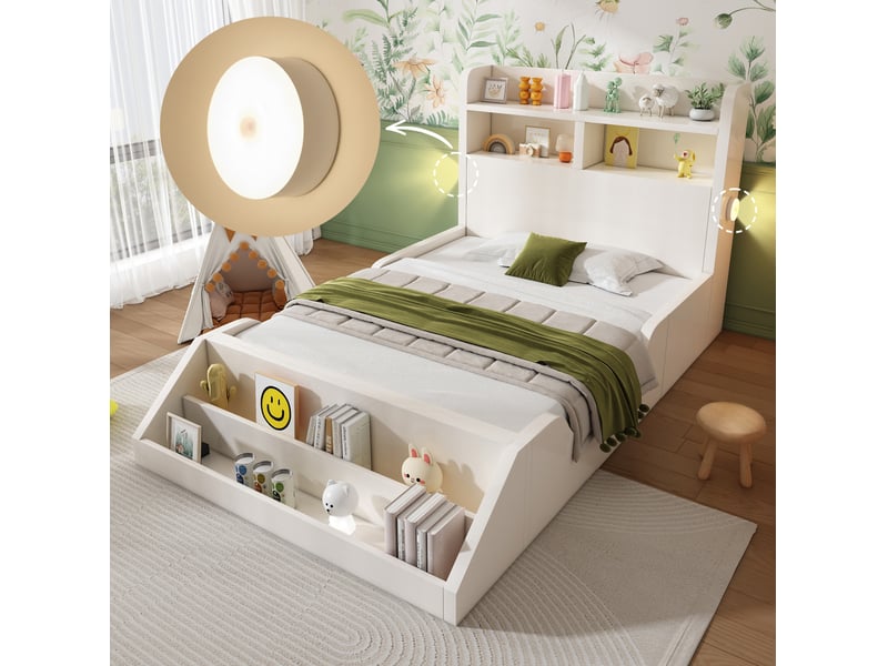  Lit simple 90x200 cm avec veilleuses et rangements en bois blanc  - Conforama D