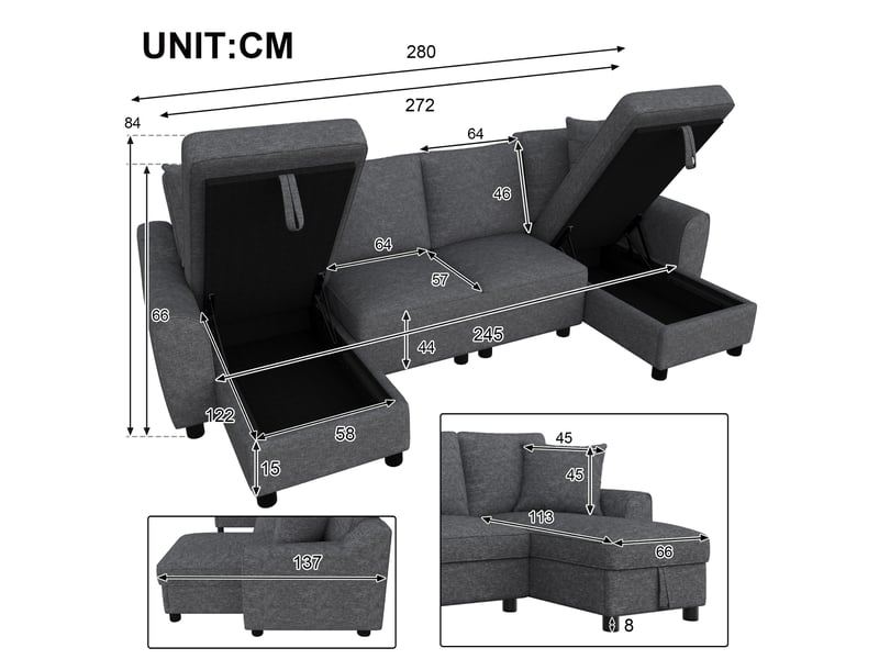  Canapé en u gris, tissu chenille doux - canapé d'angle modulable avec double méridienne, coffre de rangement &amp; coussins pour salon moderne  - Conforama C