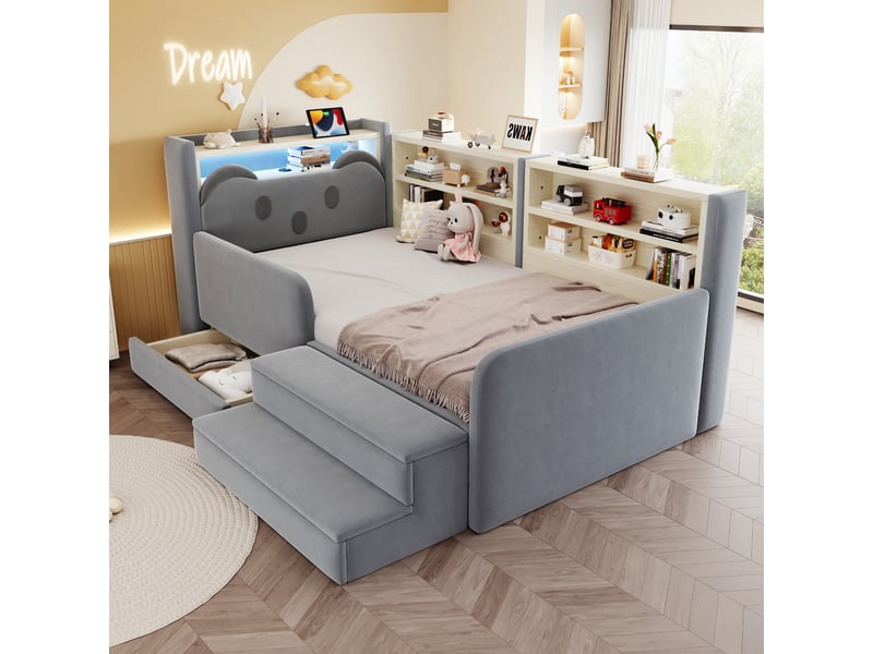 Lit enfant rembourré 90x200 cm, lit avec rangement, led et usb, tête de lit ours avec étagères, tiroir et repose-pieds amovible, velours gris clair - Conforama B