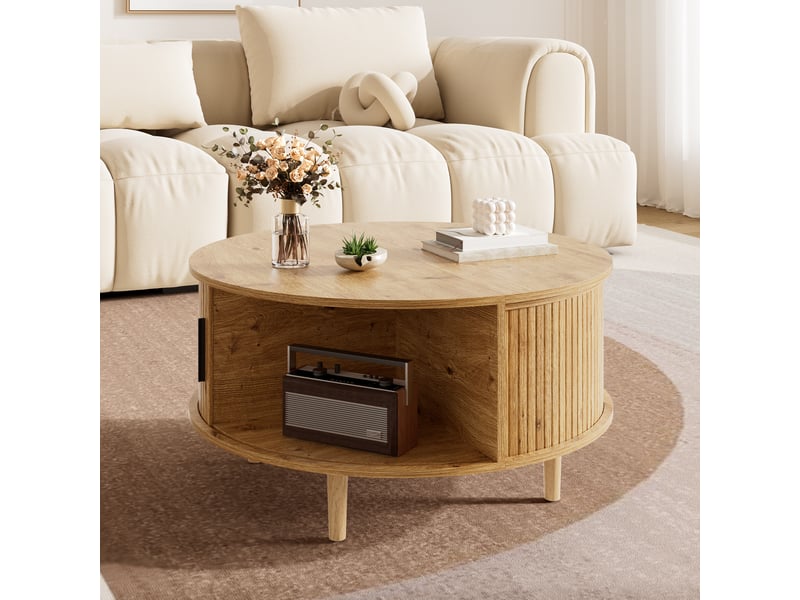  Table basse ronde relevable avec rangement et porte coulissante pour salon en mdf couleur chêne  - Conforama D