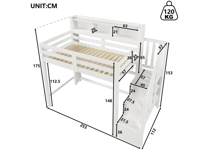  Lit mezzanine enfant 90x200 cm avec led et escalier de rangement, grand espace sous le lit, mdf, blanc, sans matelas  - Conforama C