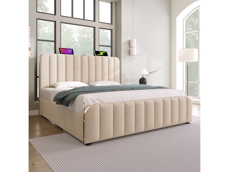 Lit coffre 160x200 en lin beige, tête rembourrée, ports usb et usb-c - Conforama B
