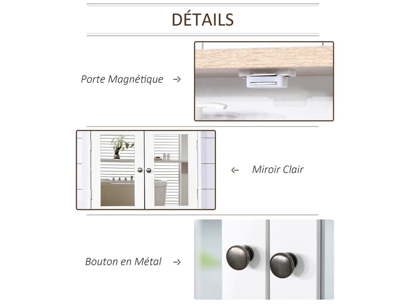  Armoire murale avec miroir pour salle de bain 2 niveaux avec 1 étagère réglable et 2 portes dim. 56i x 14p x 46h cm en bois-  - Conforama E