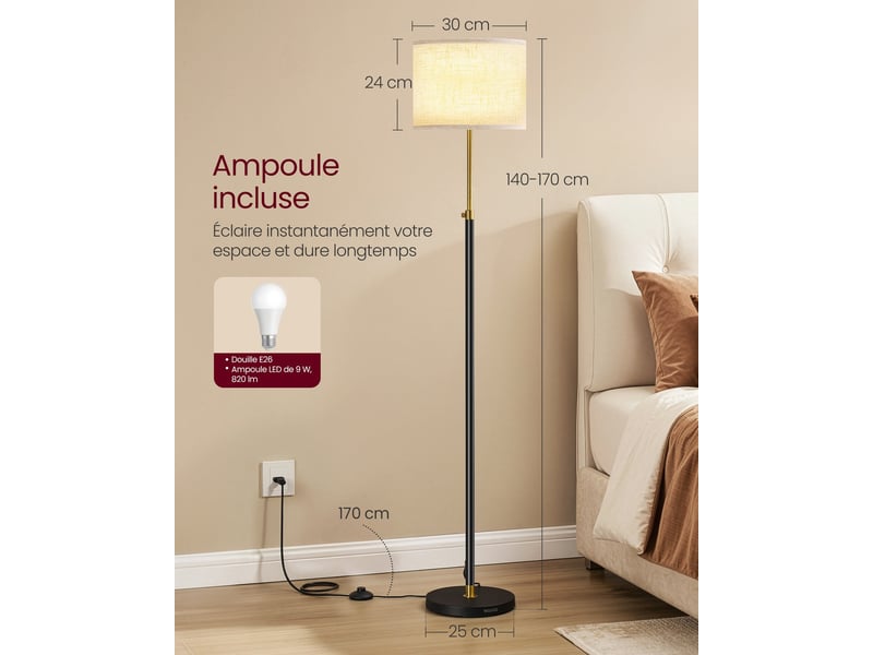  Lampadaire haut réglable moderne 30 x 30 x 140-170 cm avec interrupteur à pied ambiance cosy en acier noir 12_0013009  - Conforama B
