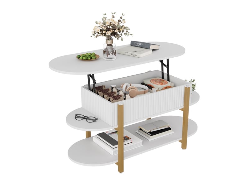  Table basse relevable 106x45x50 cm - plateau relevable avec coffre et 2 étagères de rangement - ovale - blanc  - Conforama A