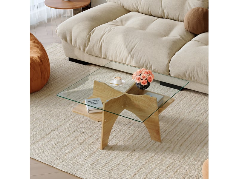  Table basse carrée ulevr avec rangement, 80 x 80 x 40 cm, verre trempé et mdf plaqué bois clair, transparent et bois  - Conforama B