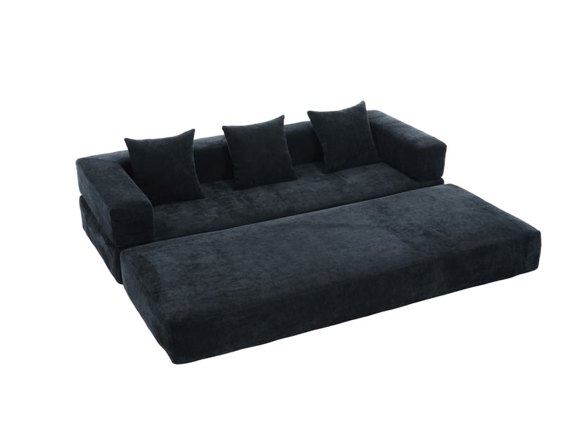  Canapé modulable 2 places 198x79x60 cm convertible en lit 198x159x41 cm, blocs combinables, poches latérales, base antidérapante, chenille noir  - Conforama A