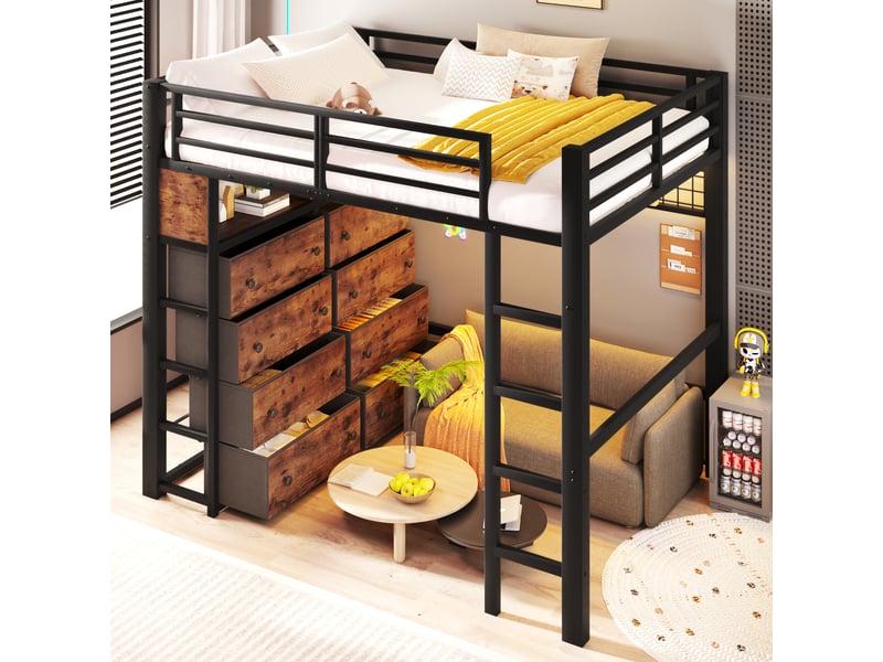 Lit mezzanine en métal led 140x200 cm, lit double avec 8 tiroirs, lit enfantado, étagères, panneau perforé, grand rangement sous lit, noir Seren Glow - Conforama B