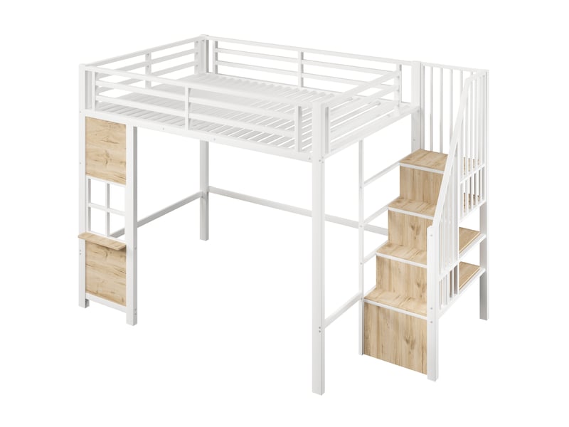 Lit mezzanine métal blanc 140×200 cm avec échelle rangement, fenêtres et garde-corps - Conforama D