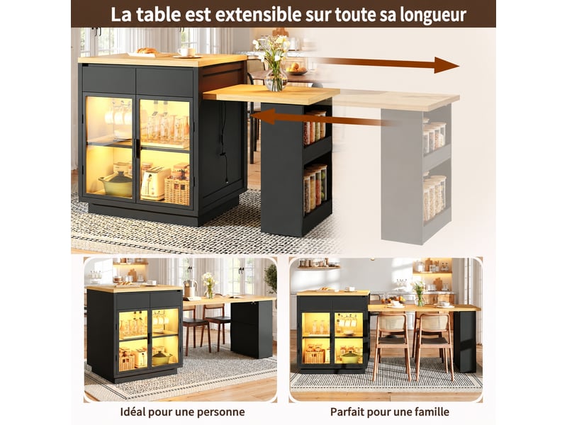  Îlot central extensible noir, 2 tiroirs, portes vitrées et led, 122–194,5 cm  - Conforama E