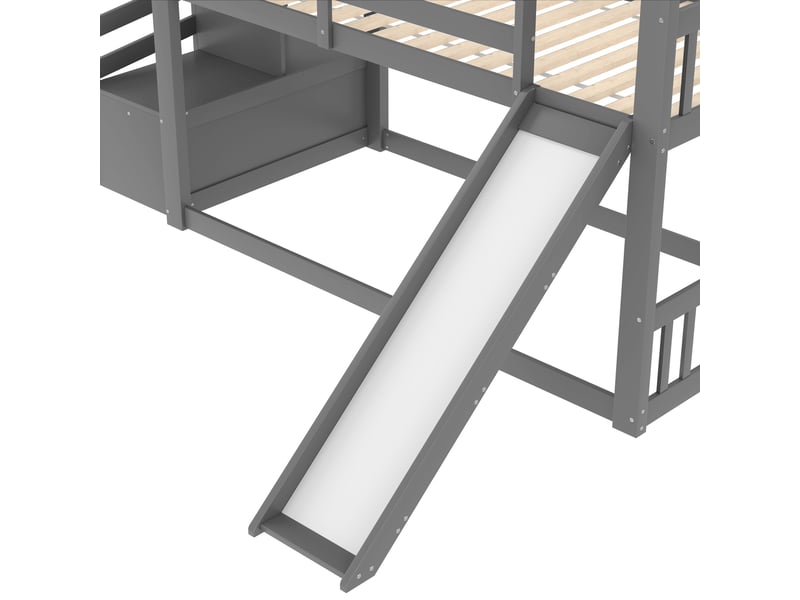  Lit mezzanine enfant 200×90 cm avec escalier de rangement et toboggan, sans matelas, en pin et mdf, blanc et gris  - Conforama E