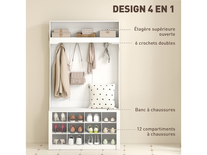  Porte-manteau 4-en-1 avec banc, banc d'entrée avec 12 compartiments à chaussures, blanc, 6 crochets et étagère ouverte  - Conforama D