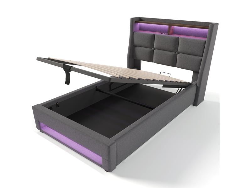  Lit coffre 90x200 cm, rangement hydraulique, éclairage led, usb, sommier à lattes, style vintage, gain de place pour chambre - gris  - Conforama A