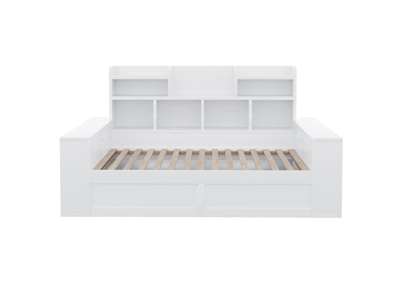  Canapé-lit multifonctionnel en bois 90 × 200 cm, avec rangement hydraulique, compartiments de rangement et étagères dans le dossier et les accoudoirs, prise électrique et éclairage led, blanc  - Conforama E