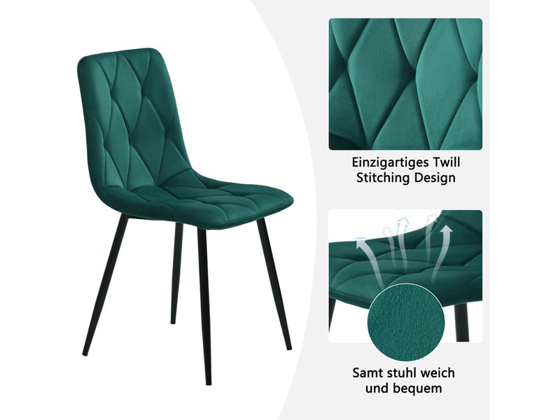 Ensemble table à manger et 4 chaises – blanc, noir et vert – table hexagonale effet marbre blanc, piètement métal noir, assises velours vert - Conforama W