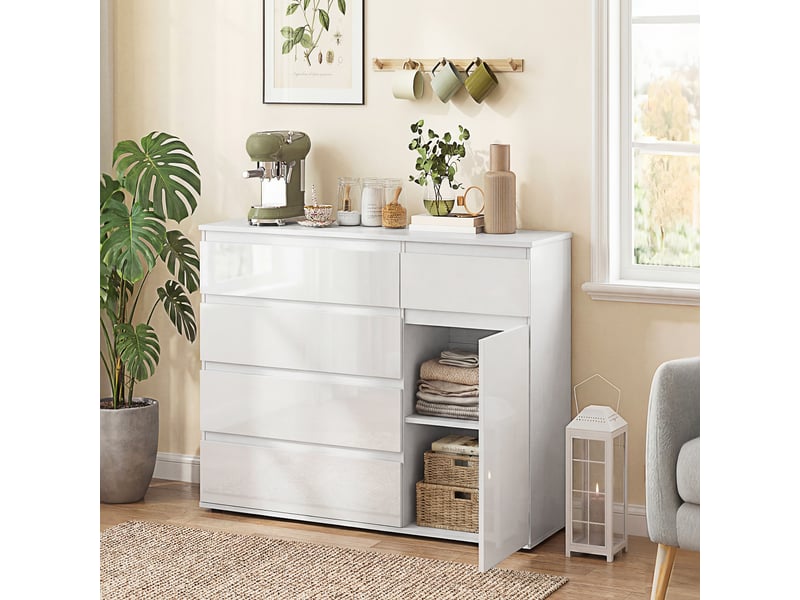  Buffet, meuble à 5 tiroirs, étagère réglable, blanc brillant.  - Conforama C