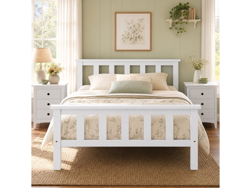  Lit simple 90x200 cm blanc avec tête de lit et sommier à lattes  - Conforama B