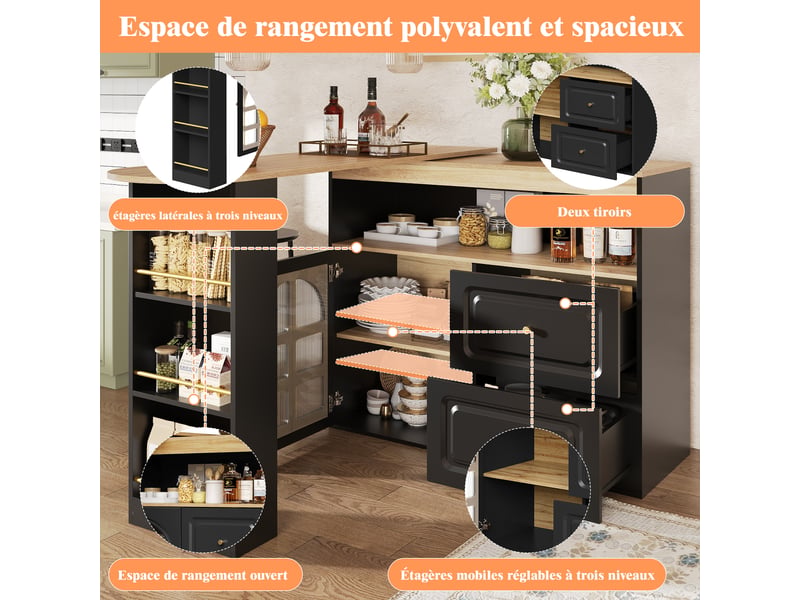  Table de bar rotative 360° et îlot de cuisine extensible meuble bar noir en mdf 138-204 cm  - Conforama D