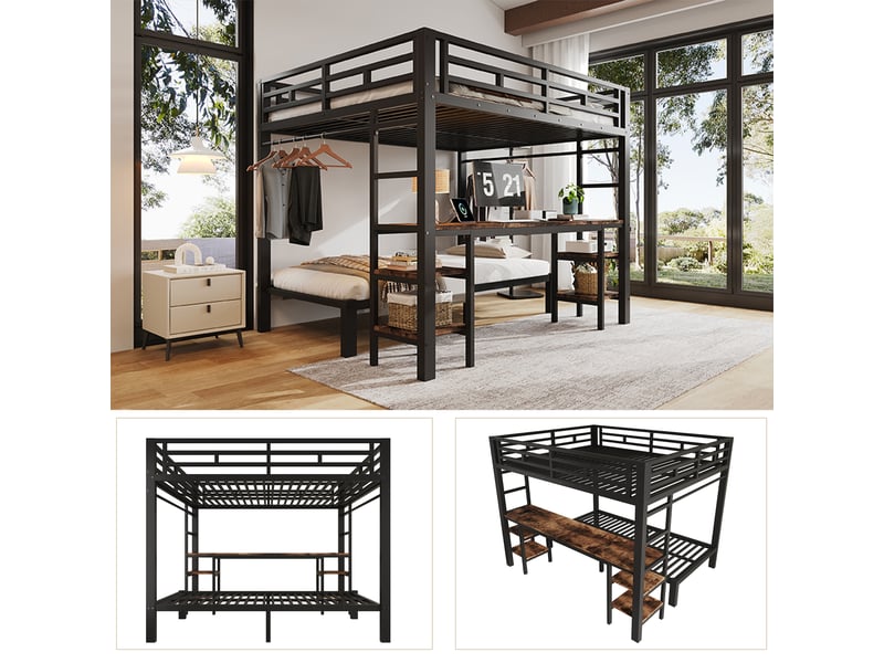 Lit superposé métal et bois noir vintage avec rangement, sommier inclus - Conforama E