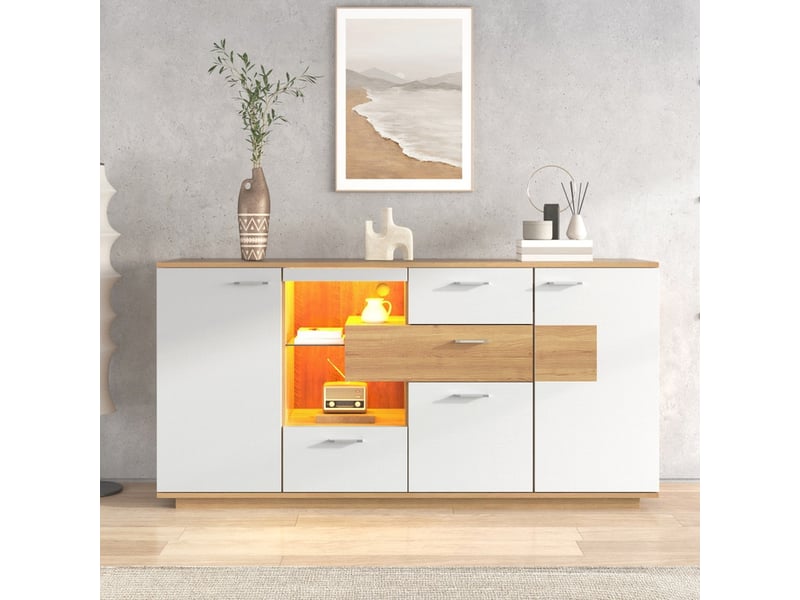 Buffet moderne, meuble de rangement, armoire avec 2 portes, 4 tiroirs et étagère en verre, aspect bois, pour cuisine, salle à manger et salon - Conforama D