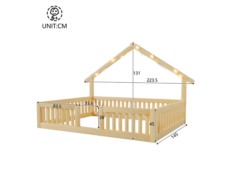  Lit maison 140x200 cm, bois naturel, équipé de guirlande led, de lit au sol et de barrières de sécurité, sans matelas  - Conforama C