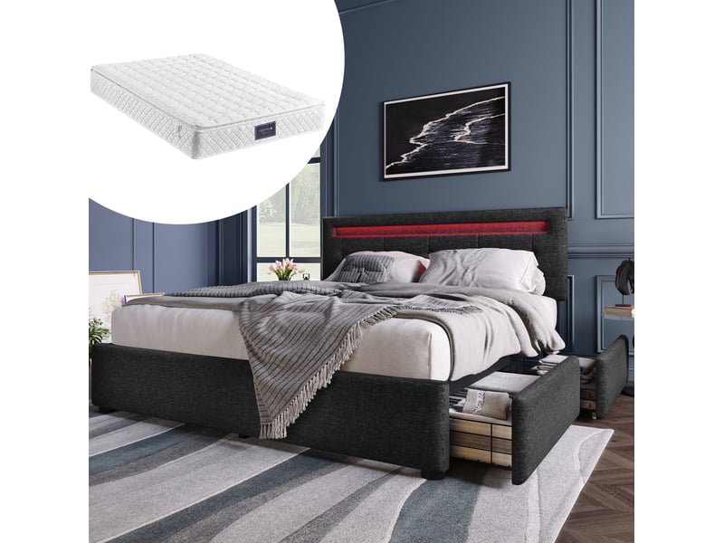  Lit rembourré 140 × 200 cm 2 places avec 4 tiroirs, led réglable, matelas inclus, tête de lit ajustable, noir  - Conforama B
