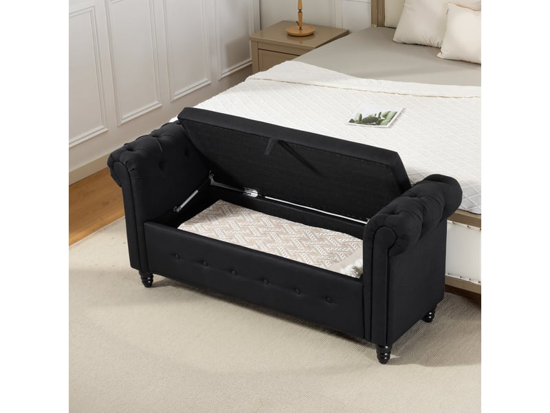  Banc banquette coffre 2 en 1 noir en tissu aspect lin avec pieds en bois 146,5 x 49 x 72 cm  - Conforama B