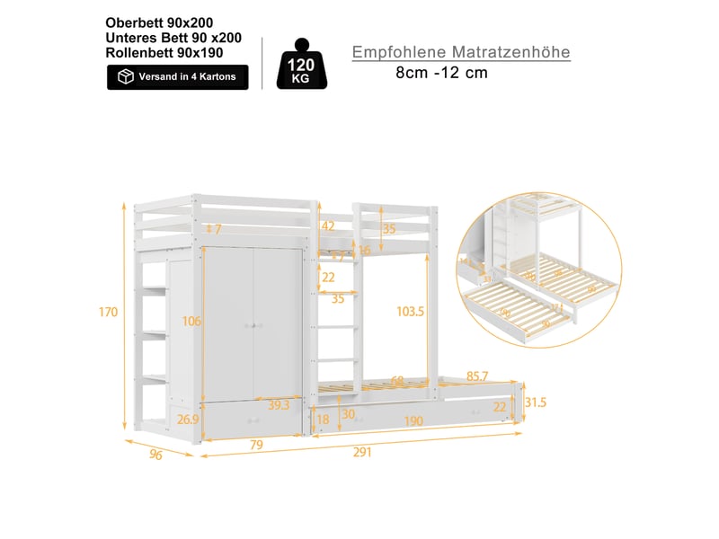  Lit superposé en bois massif avec lit gigogne, armoire et tiroirs. Lit enfant 90x200 blanc multifonction pour gain de place.  - Conforama R