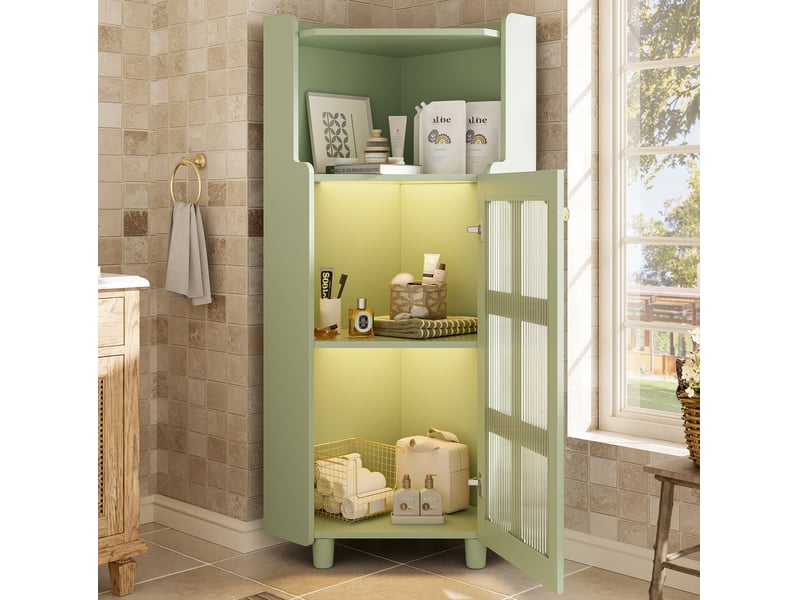  Armoire d'angle 63,5x45x124 cm, gain de place, éclairage led, pour salon, bibliothèque, salle de bains, mdf vert  - Conforama D