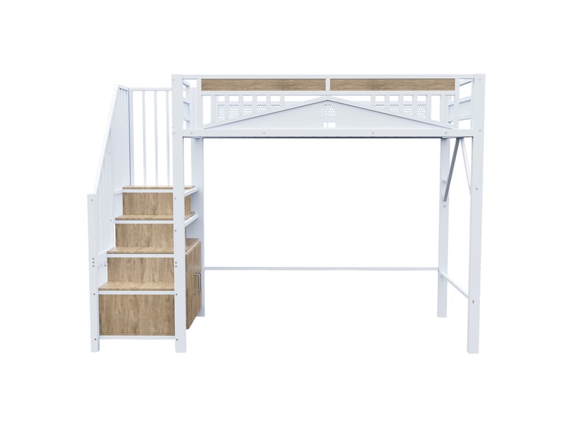 Lit mezzanine avec enceinte sécurisée et fenêtre, métal blanc, 90x200 cm, échelle avec casier - Conforama A
