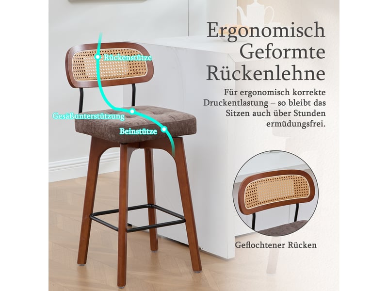  Lot de 2 tabourets de bar pivotants à 360° en tissu chenille et rotin marron W3056P520507 - Conforama E