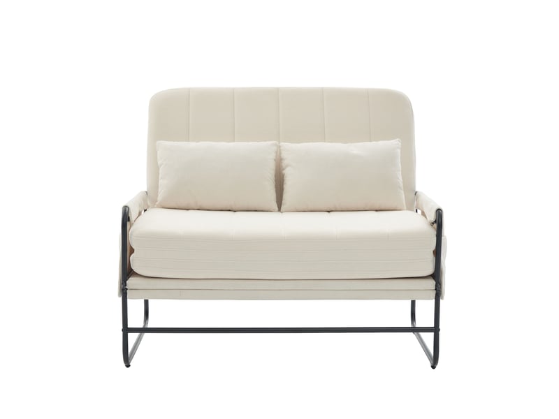  Canapé-lit 2 places modenvie convertible en lit avec poches de rangement latérales, chenille beige, structure en métal noir, 104 x 85 x 92 cm  - Conforama A