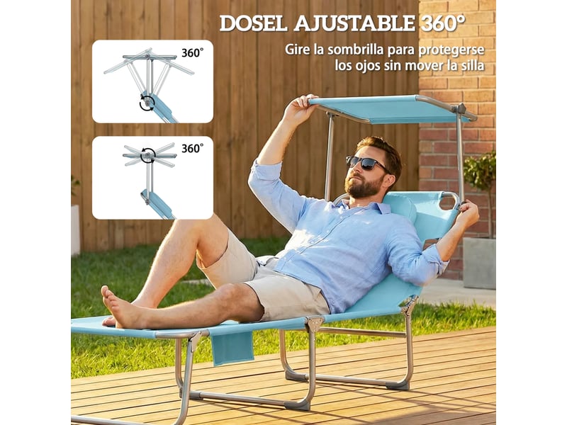  Ensemble de 2 chaises longues pliantes et inclinables avec auvent à 360°, ouverture pour le visage, poche latérale et tissu textilène 550 gm², bleu  - Conforama E
