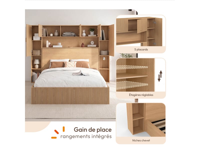  Lit pont coffre double juliette armoire avec rangements et sommier 140 x 190 cm effet lattes tasseau de bois  - Conforama C