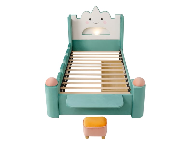  Lit enfant capitonné, lit simple, lit nuage avec lampe de lecture led et port usb, tiroir de rangement installable à gauche ou à droite, étagère pliable, tabouret, protection antichute, revêtement en velours, bleu canard, 90 x 2…  - Conforama D
