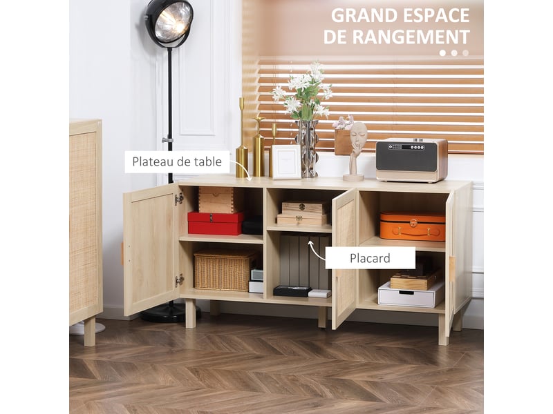  Buffet meuble de rangement placard 3 portes avec étagère réglable effet cannage 136 x 41 x 70 cm - style bohème  - Conforama A