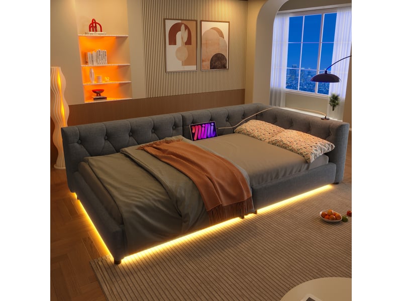  Canapé-lit 90 x 200 cm avec usb + type-c, lit simple avec led éclairage, lit adulte, lit 1 personne, gris, tête de lit capitonnée  - Conforama C