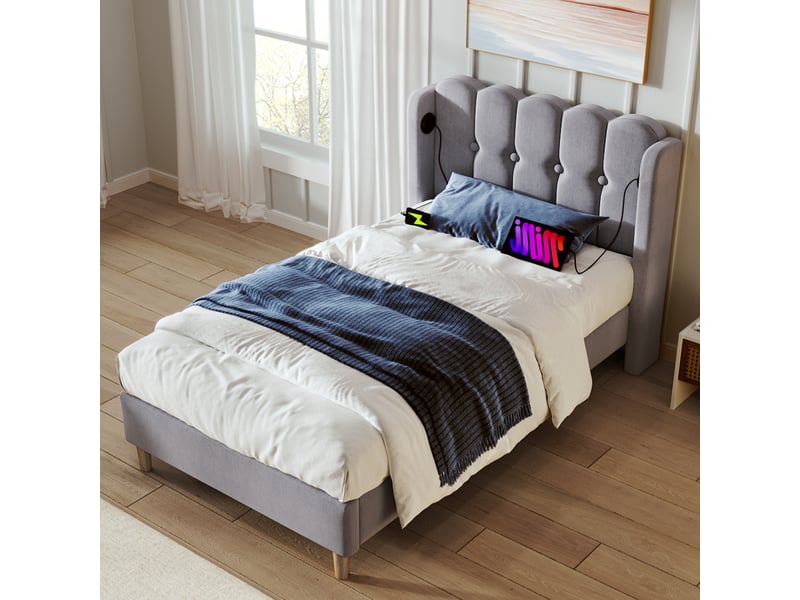  Lit simple rembourré 90x200 cm - tête de lit contemporaine - charge usb type-c - gris - lin CYQ-AB20653940G - Conforama R