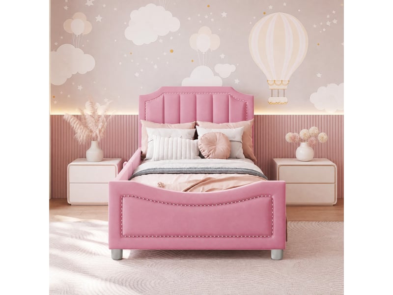  Lit banquette 200x90 cm en flanelle, lit simple avec dossier, tête de lit et coins arrondis, sans matelas, rose  - Conforama C