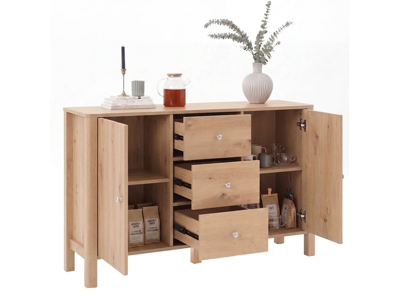 Commode 3 tiroirs et 2 portes, enfilade salon 120 cm, buffet moderne couleur chêne - Conforama A