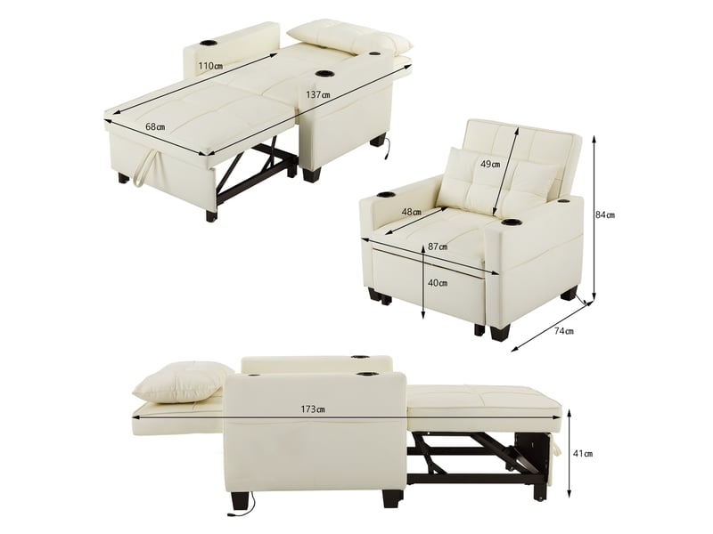 Fauteuil convertible blanc 1 place - canapé lit extensible avec usb et porte-gobelets, design moderne - Conforama C