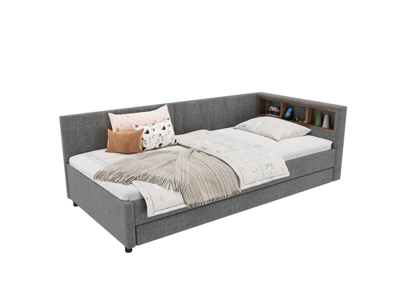  Lit gigogne 90x200 banquette lit en lin gris avec rangement, port usb et éclairage led  - Conforama A