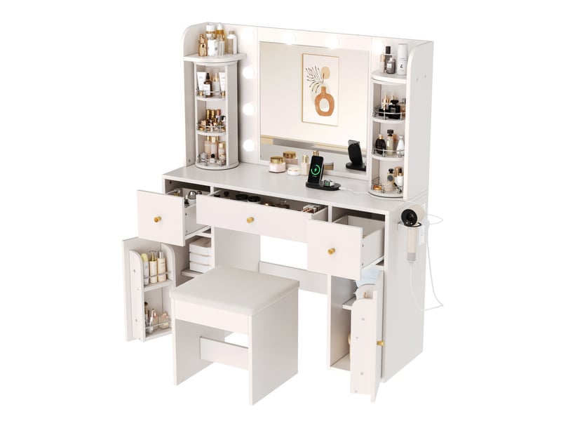  Coiffeuse avec miroir led réglable, usb-c, tabourets, 115x40x142 cm blanche  - Conforama E